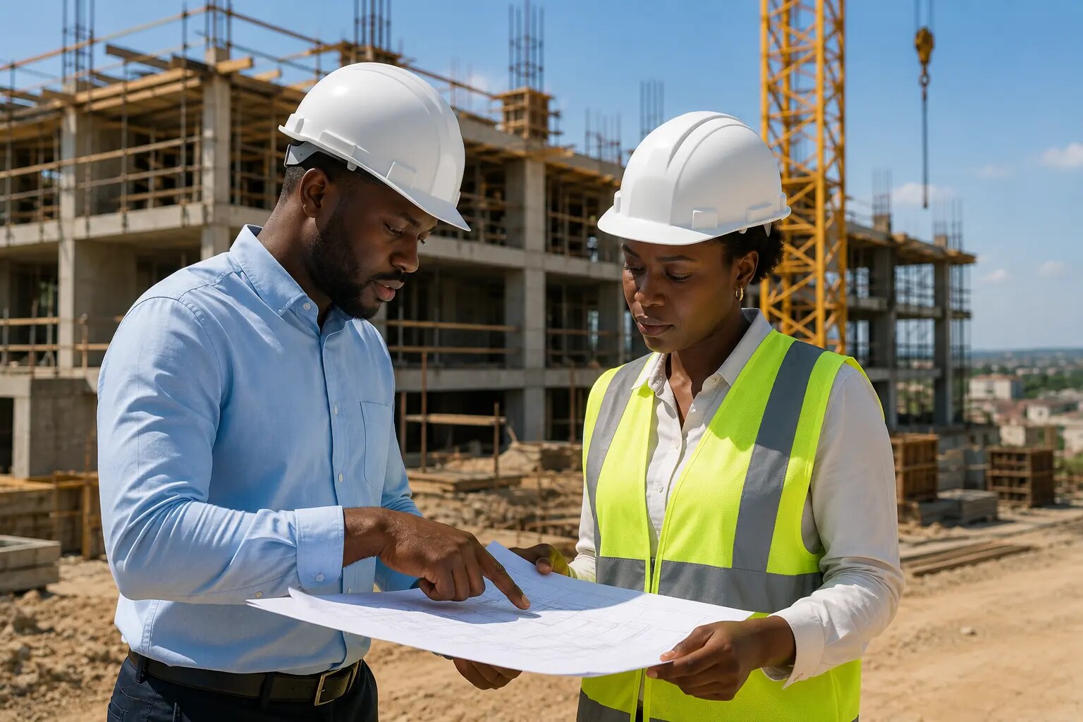 Professionnels consultant les plans d’un projet de construction